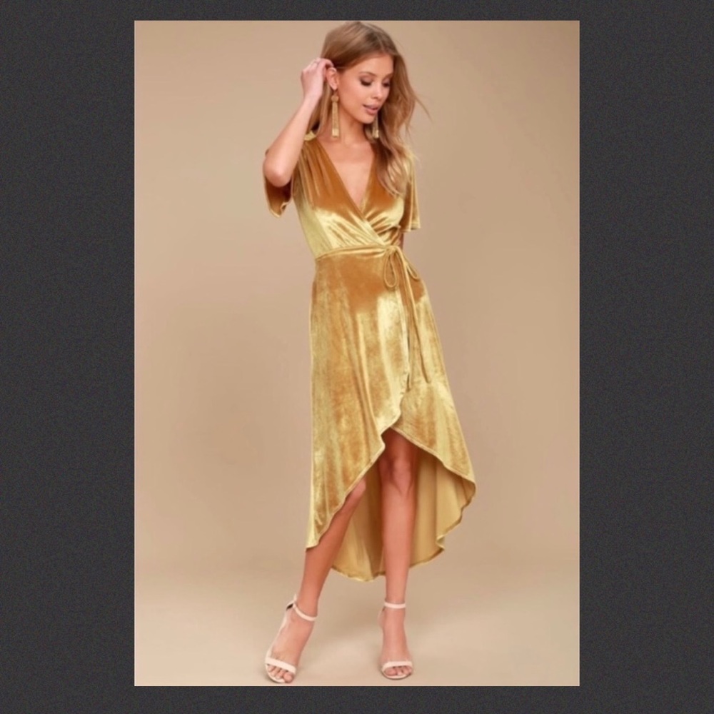 Lulu’s Amour Gold Velvet High-Low Wrap Dress